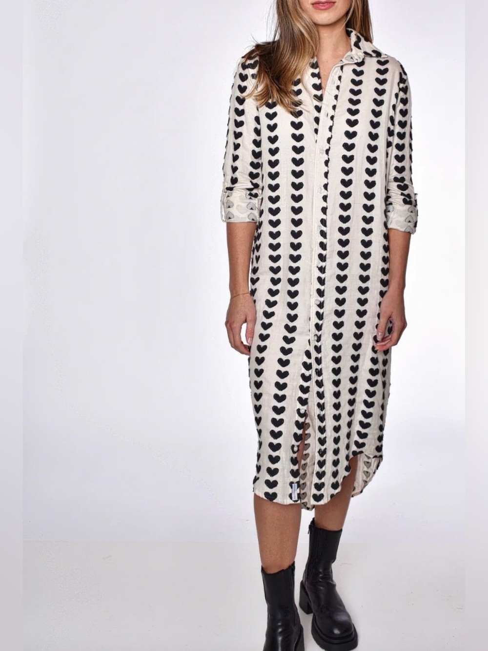 Emily Phillips Womens Embroidered Black Hearts Girlfriend Midi Dress Sz 4 Beige